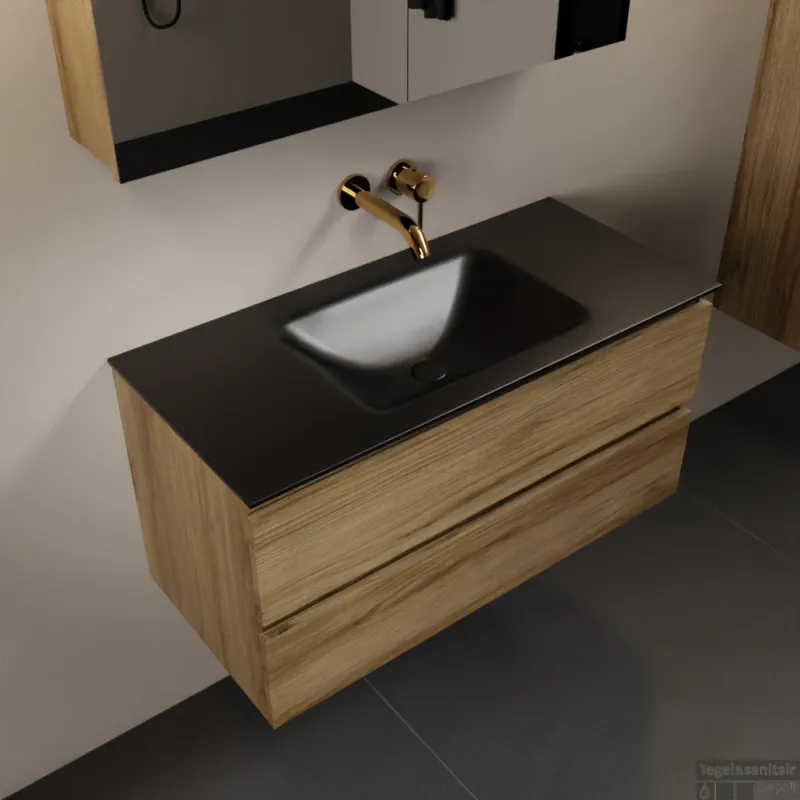 MONDIAZ AIVY 100cm badmeubel Chai, wastafel Urban solid surface midden zonder kraangat met spiegelkast (AI-351321URBAN-NO - AI-M100CHMI - AI-C100CHMI) Nieuw