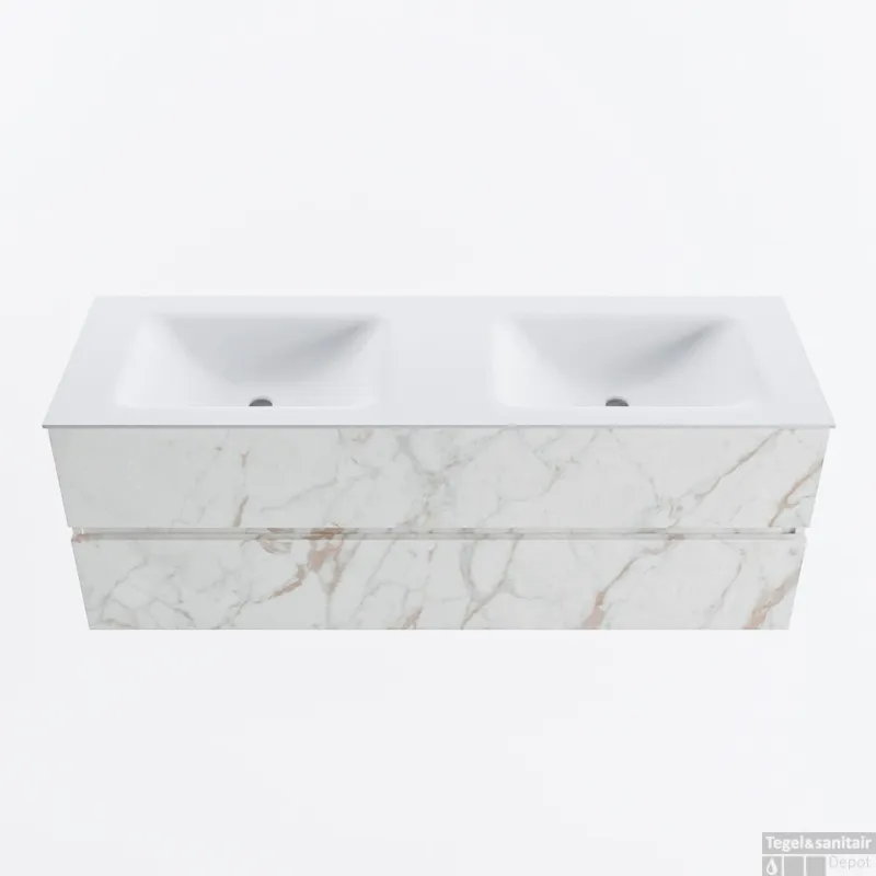 MONDIAZ VICA 140cm badmeubel onderkast Carrara 2 lades. Wastafel CLOUD dubbel 2 kraangaten, kleur Talc. Express Levering