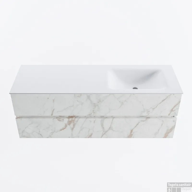 MONDIAZ VICA 140cm badmeubel onderkast Carrara 2 lades. Wastafel CLOUD rechts zonder kraangat, kleur Talc. Alleen Vandaag