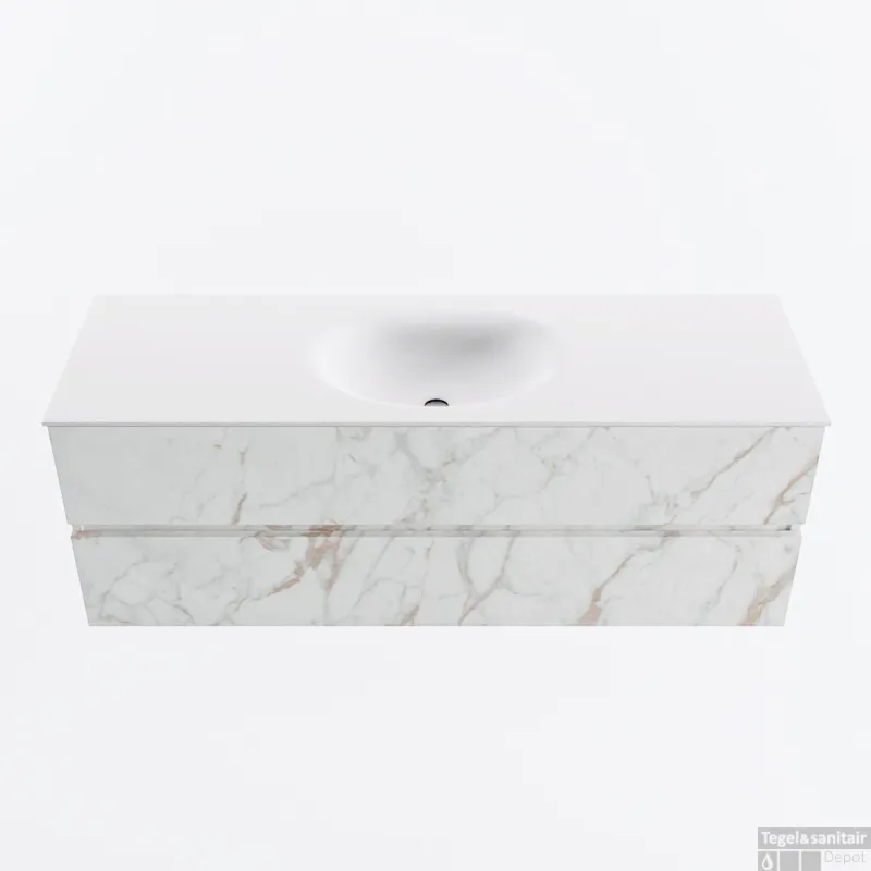 Voordeelprijs MONDIAZ VICA 140cm badmeubel onderkast Carrara 2 lades. Wastafel MOON midden zonder kraangat, kleur Talc.