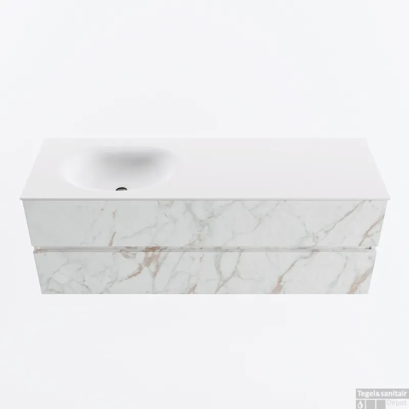 Direct Beschikbaar MONDIAZ VICA 140cm badmeubel onderkast Carrara 2 lades. Wastafel MOON links zonder kraangat, kleur Talc.
