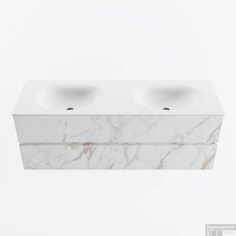 Bestel Nu MONDIAZ VICA 140cm badmeubel onderkast Carrara 2 lades. Wastafel MOON dubbel zonder kraangat, kleur Talc.