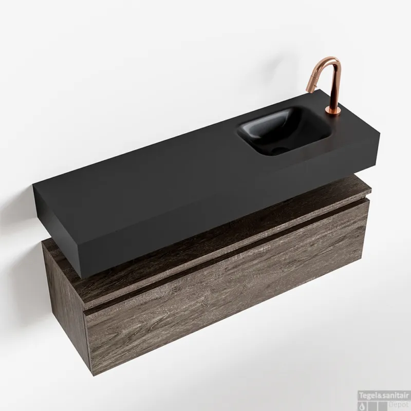 Beste Prijs MONDIAZ ANDOR 100cm toiletmeubel dark brown. LEX 100cm wastafel urban rechts 1 kraangat