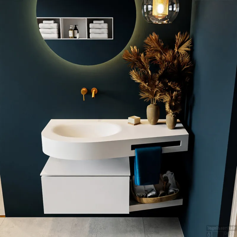 Korting MONDIAZ RIVA 100cm badmeubel onderkast / planchet kleur Talc met 1 lade. Wastafel DULCET links 0 kraangaten kleur Talc.