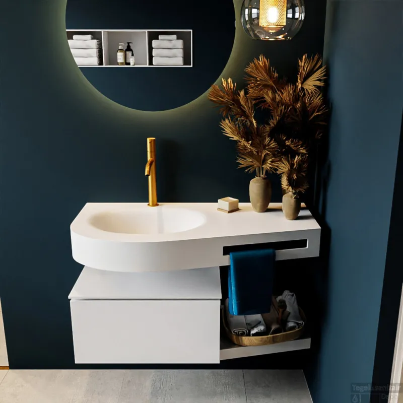 Exclusieve Aanbieding MONDIAZ RIVA 100cm badmeubel onderkast / planchet kleur Talc met 1 lade. Wastafel DULCET links 1 kraangat kleur Talc.