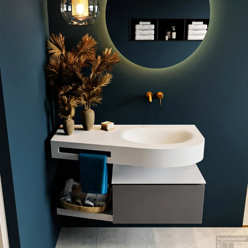 Fabrieksprijs MONDIAZ RIVA 100cm badmeubel onderkast / planchet kleur Dark_Grey met 1 lade. Wastafel DULCET rechts 0 kraangaten kleur Talc.