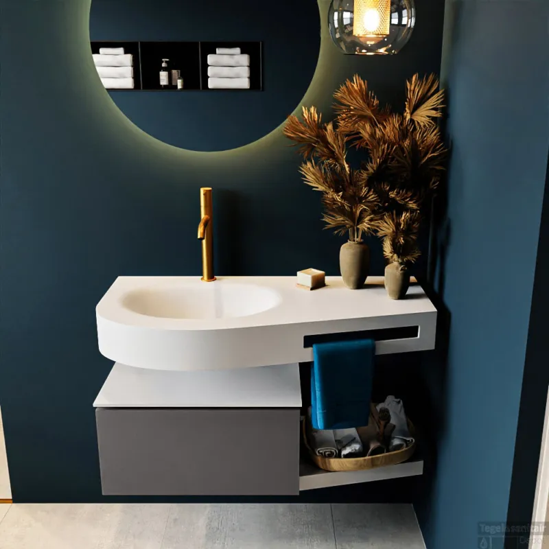 Lage Kosten MONDIAZ RIVA 100cm badmeubel onderkast / planchet kleur Dark_Grey met 1 lade. Wastafel DULCET links 1 kraangat kleur Talc.