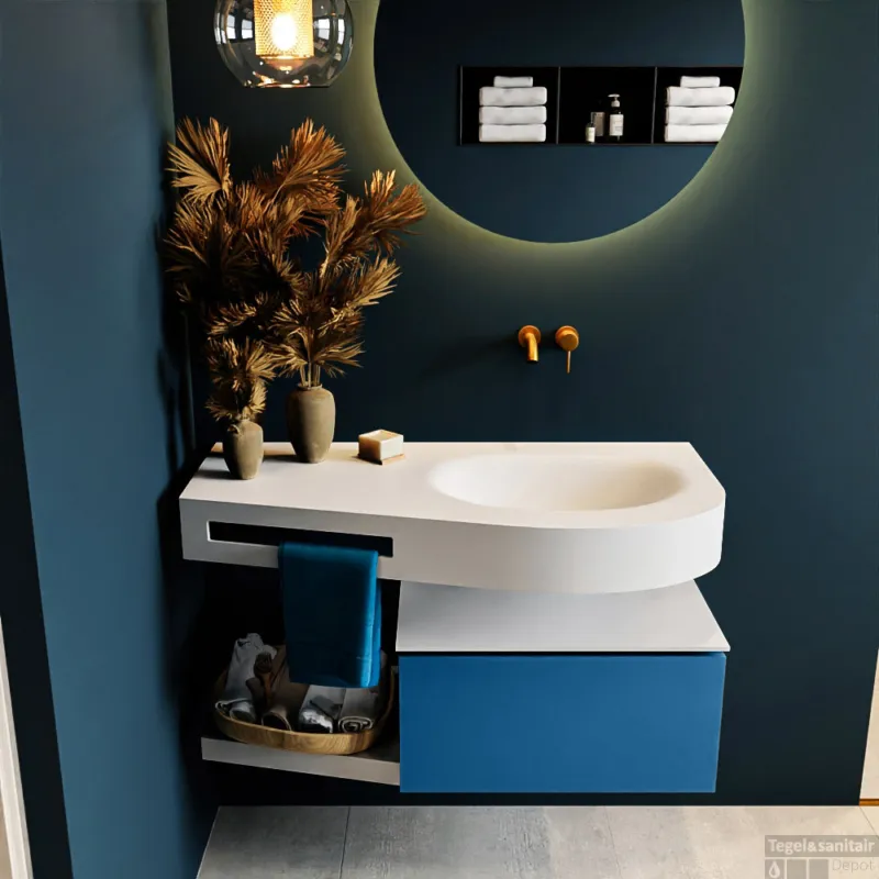 Betaalbaar MONDIAZ RIVA 100cm badmeubel onderkast / planchet kleur Jeans met 1 lade. Wastafel DULCET rechts 0 kraangaten kleur Talc.