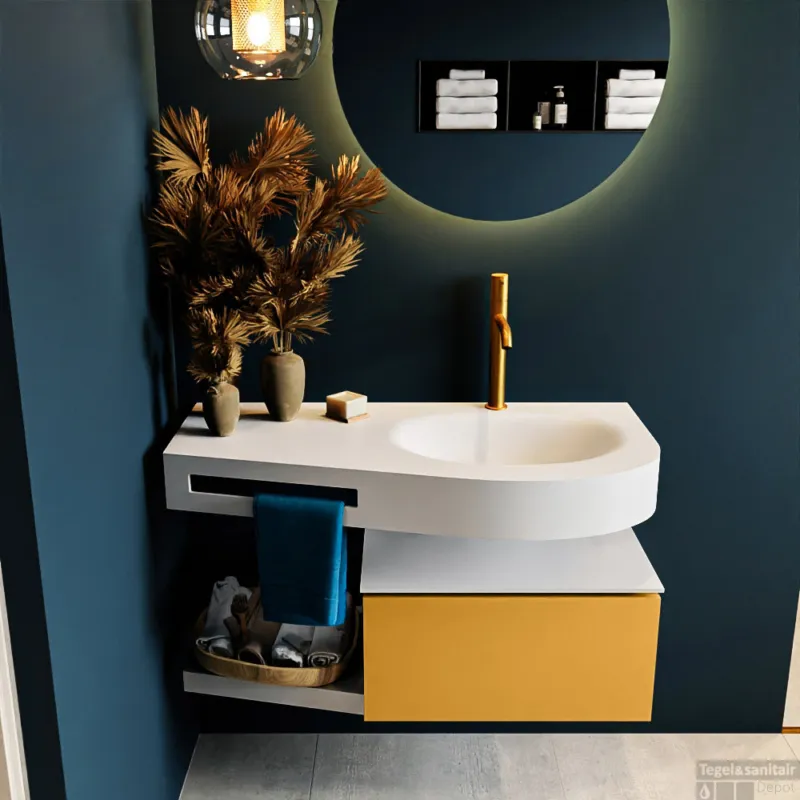 Merkproduct MONDIAZ RIVA 100cm badmeubel onderkast / planchet kleur Ocher met 1 lade. Wastafel DULCET rechts 1 kraangat kleur Talc.