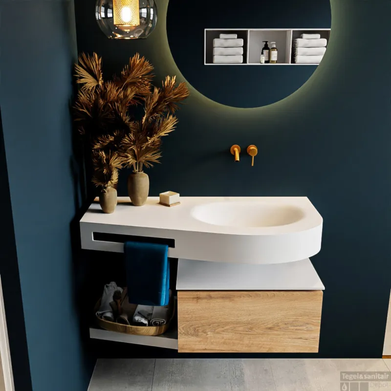 Lage Prijs MONDIAZ RIVA 100cm badmeubel onderkast / planchet kleur Washed_Oak met 1 lade. Wastafel DULCET rechts 0 kraangaten kleur Talc.