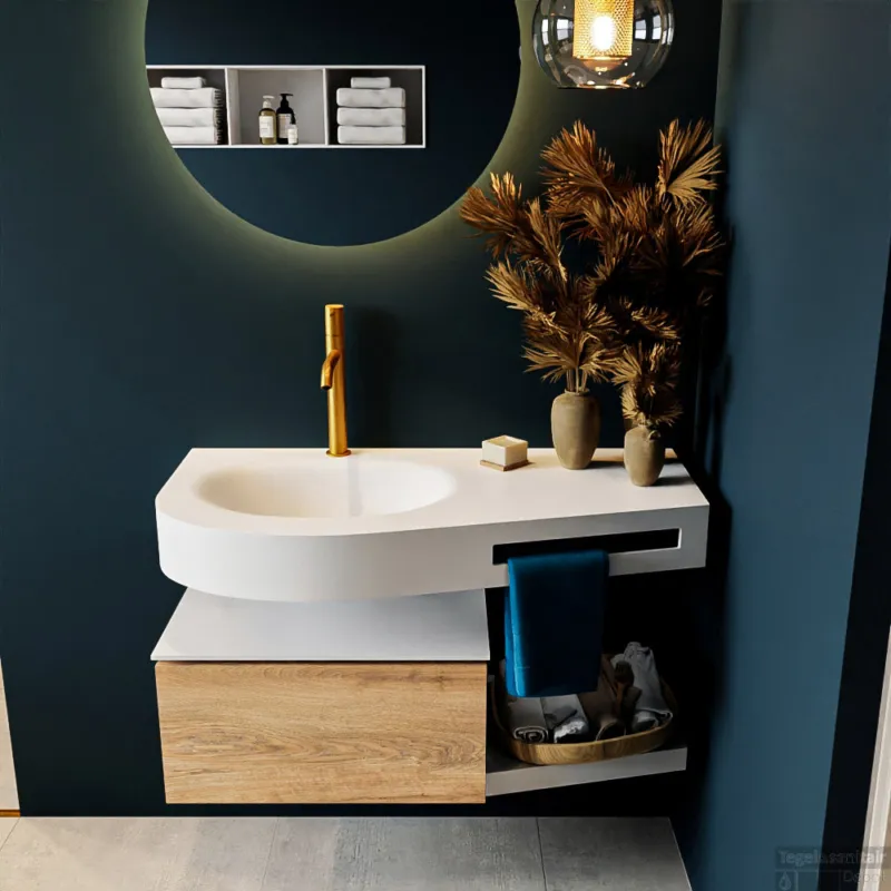 Merkproduct MONDIAZ RIVA 100cm badmeubel onderkast / planchet kleur Washed_Oak met 1 lade. Wastafel DULCET links 1 kraangat kleur Talc.