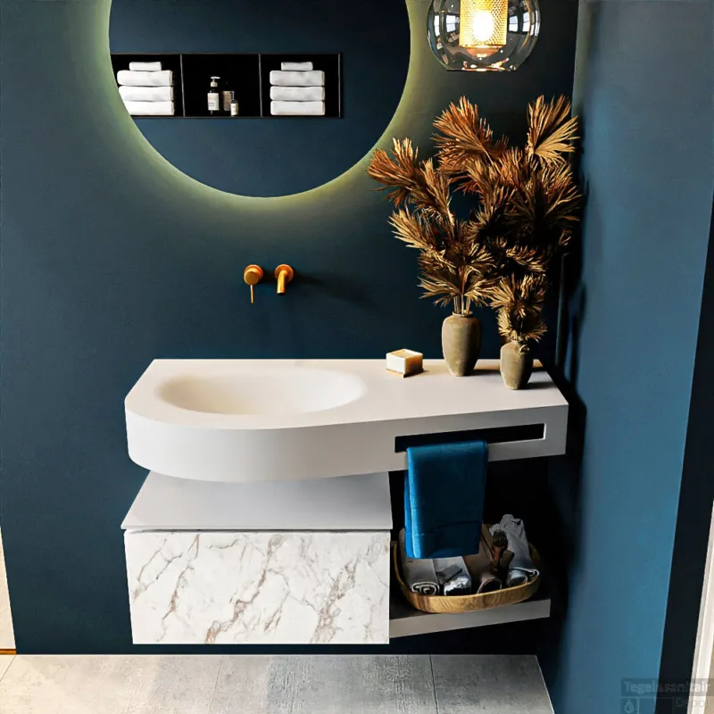 Merkproduct MONDIAZ RIVA 100cm badmeubel onderkast / planchet kleur carrara met 1 lade. Wastafel DULCET links 0 kraangaten kleur Talc.