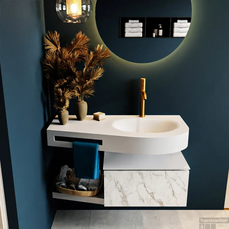 Weekendaanbieding MONDIAZ RIVA 100cm badmeubel onderkast / planchet kleur carrara met 1 lade. Wastafel DULCET rechts 1 kraangat kleur Talc.