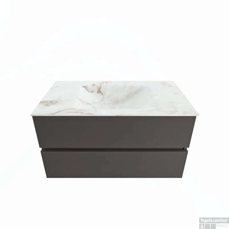 Betaalbaar MONDIAZ VICA-DLUX 90cm badmeubel onderkast Dark grey 2 lades. Inbouw wastafel CLOUD midden 1 kraangat, kleur Frappe.