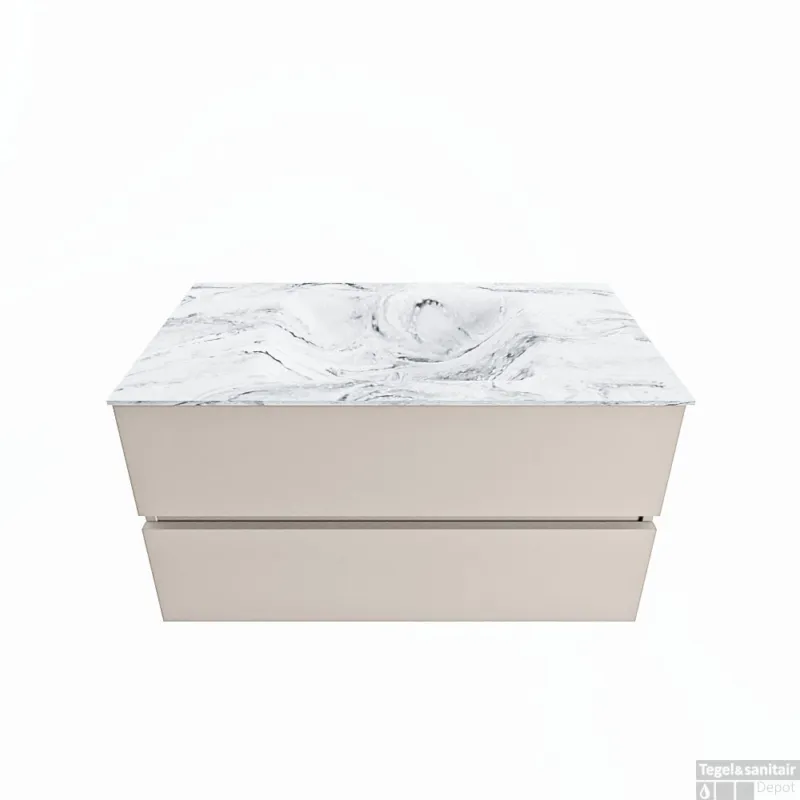 Bestseller MONDIAZ VICA-DLUX 90cm badmeubel onderkast Linen 2 lades. Inbouw wastafel CLOUD midden 1 kraangat, kleur Glace.