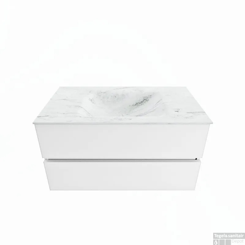 Express Levering MONDIAZ VICA-DLUX 90cm badmeubel onderkast Talc 2 lades. Inbouw wastafel CLOUD midden zonder kraangat, kleur Opalo.