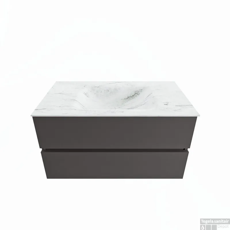 Weekendaanbieding MONDIAZ VICA-DLUX 90cm badmeubel onderkast Dark grey 2 lades. Inbouw wastafel CLOUD midden 1 kraangat, kleur Opalo.