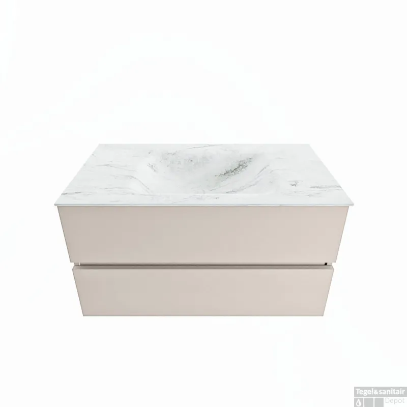 Weekendaanbieding MONDIAZ VICA-DLUX 90cm badmeubel onderkast Linen 2 lades. Inbouw wastafel CLOUD midden 1 kraangat, kleur Opalo.