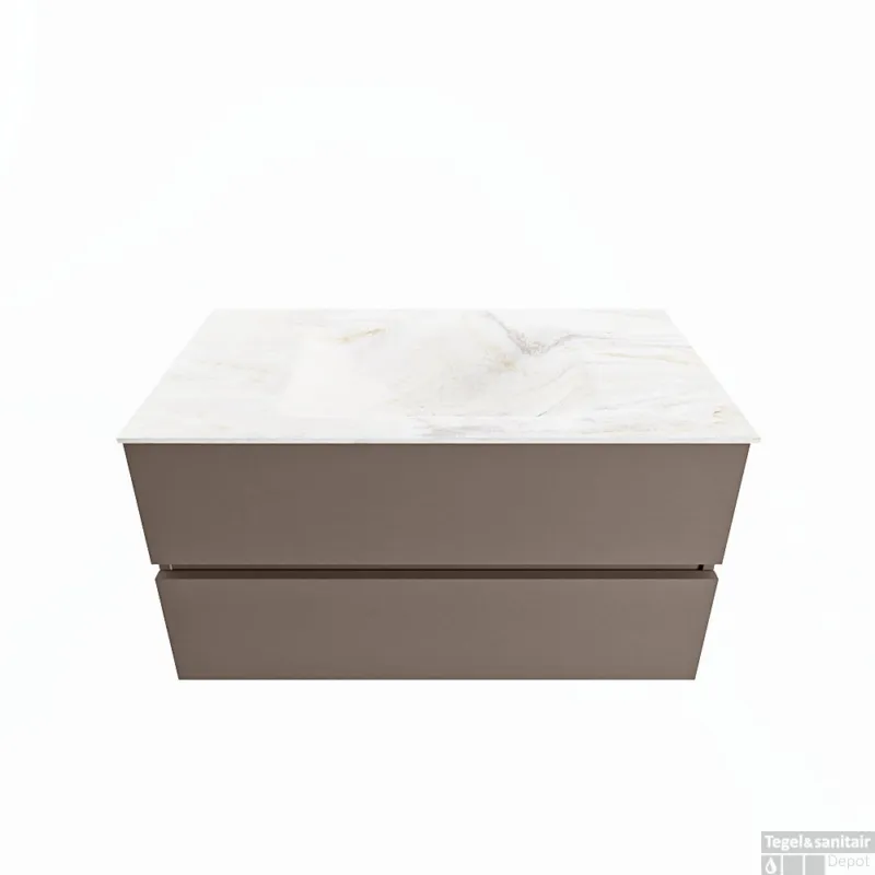 Weekendaanbieding MONDIAZ VICA-DLUX 90cm badmeubel onderkast Smoke 2 lades. Inbouw wastafel CLOUD midden zonder kraangat, kleur Ostra.