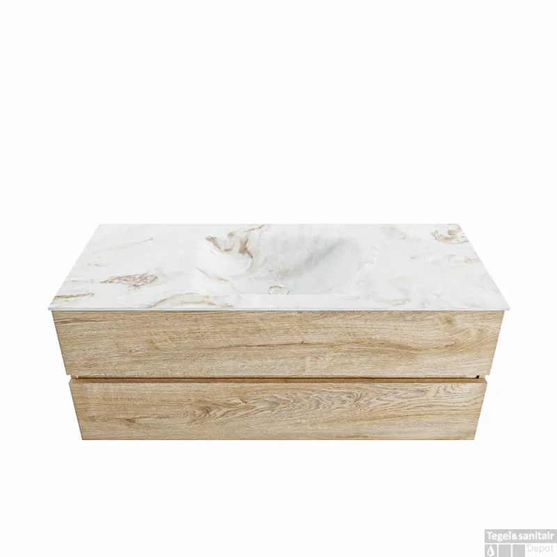 Beste Prijs MONDIAZ VICA-DLUX 120cm badmeubel onderkast Washed Oak 2 lades. Inbouw wastafel CLOUD midden zonder kraangat, kleur Frappe.