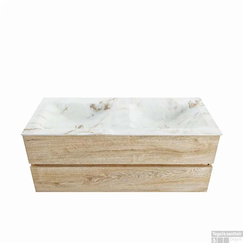 Beste Prijs MONDIAZ VICA-DLUX 120cm badmeubel onderkast Washed Oak 2 lades. Inbouw wastafel CLOUD dubbel zonder kraangat, kleur Frappe.