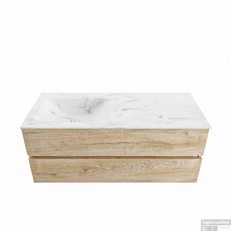 Hete Deal MONDIAZ VICA-DLUX 120cm badmeubel onderkast Washed Oak 2 lades. Inbouw wastafel CLOUD links 1 kraangat, kleur Opalo.