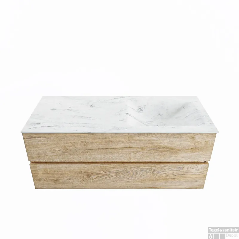 Alleen Vandaag MONDIAZ VICA-DLUX 120cm badmeubel onderkast Washed Oak 2 lades. Inbouw wastafel CLOUD rechts 1 kraangat, kleur Opalo.