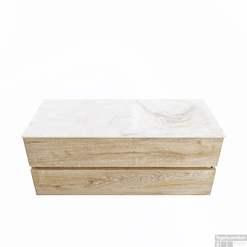 Lage Prijs MONDIAZ VICA-DLUX 120cm badmeubel onderkast Washed Oak 2 lades. Inbouw wastafel CLOUD rechts zonder kraangat, kleur Ostra.