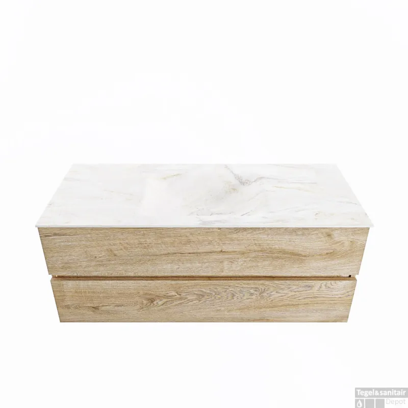 Lage Prijs MONDIAZ VICA-DLUX 120cm badmeubel onderkast Washed Oak 2 lades. Inbouw wastafel CLOUD midden 1 kraangat, kleur Ostra.