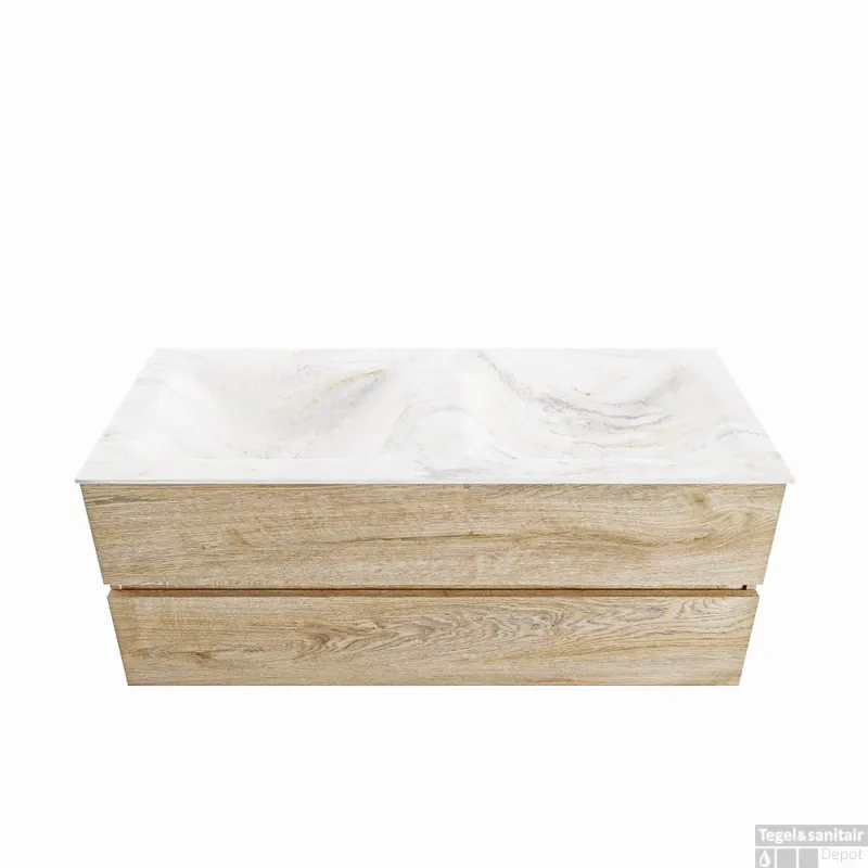 Laatste Kans MONDIAZ VICA-DLUX 120cm badmeubel onderkast Washed Oak 2 lades. Inbouw wastafel CLOUD dubbel 2 kraangaten, kleur Ostra.