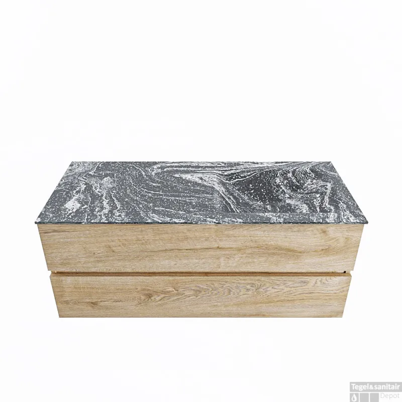 Premium MONDIAZ VICA-DLUX 120cm badmeubel onderkast Washed Oak 2 lades. Inbouw wastafel CLOUD rechts zonder kraangat, kleur Lava.