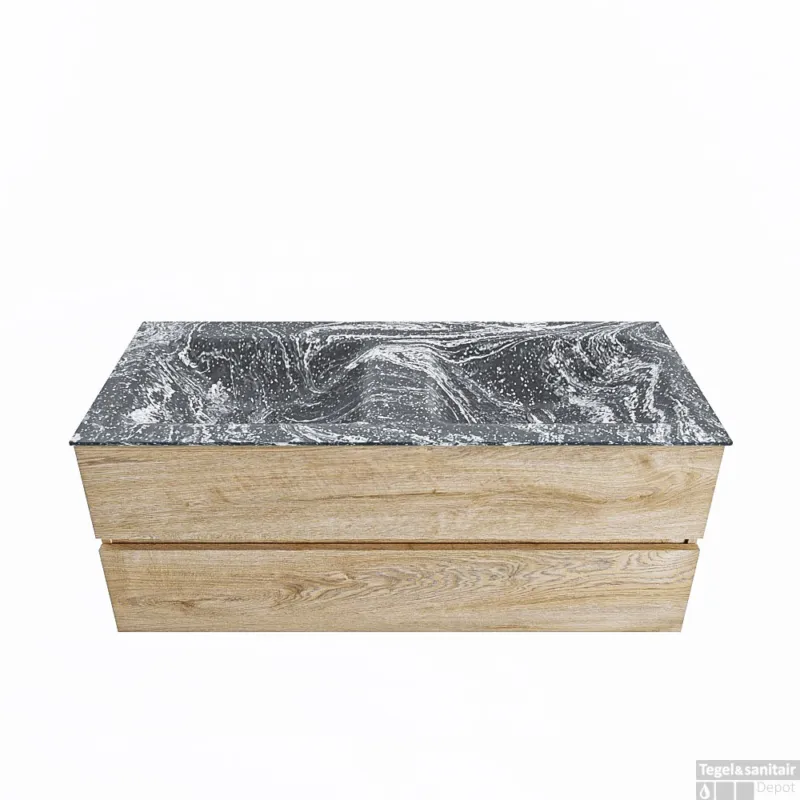 Koopje MONDIAZ VICA-DLUX 120cm badmeubel onderkast Washed Oak 2 lades. Inbouw wastafel CLOUD dubbel zonder kraangat, kleur Lava.