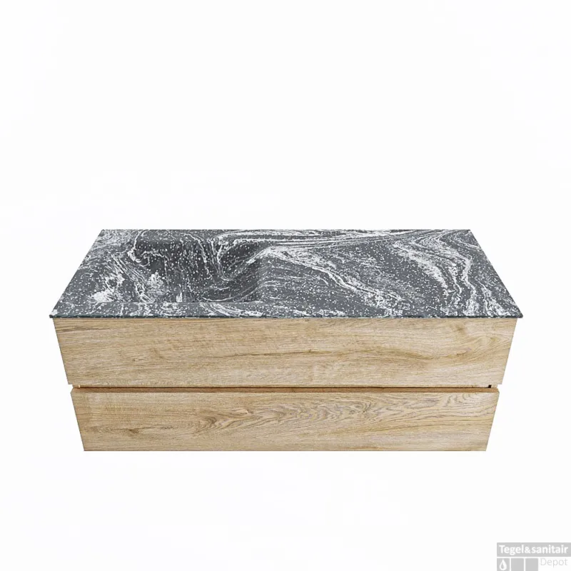 Bestseller MONDIAZ VICA-DLUX 120cm badmeubel onderkast Washed Oak 2 lades. Inbouw wastafel CLOUD links 1 kraangat, kleur Lava.