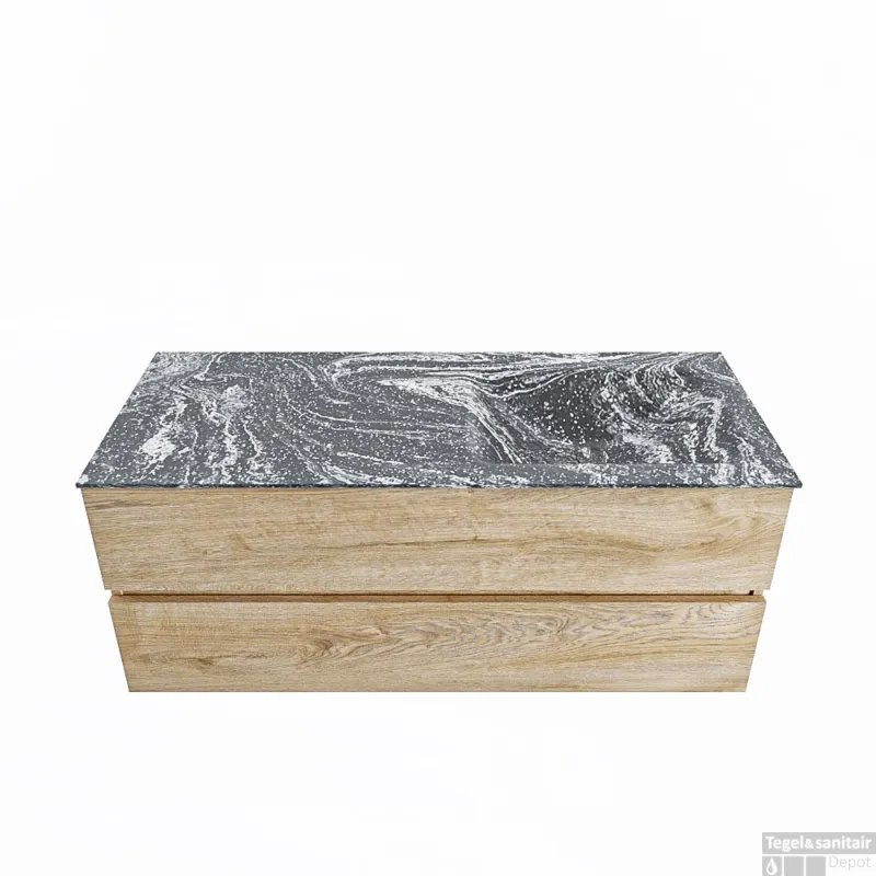 Hete Deal MONDIAZ VICA-DLUX 120cm badmeubel onderkast Washed Oak 2 lades. Inbouw wastafel CLOUD rechts 1 kraangat, kleur Lava.