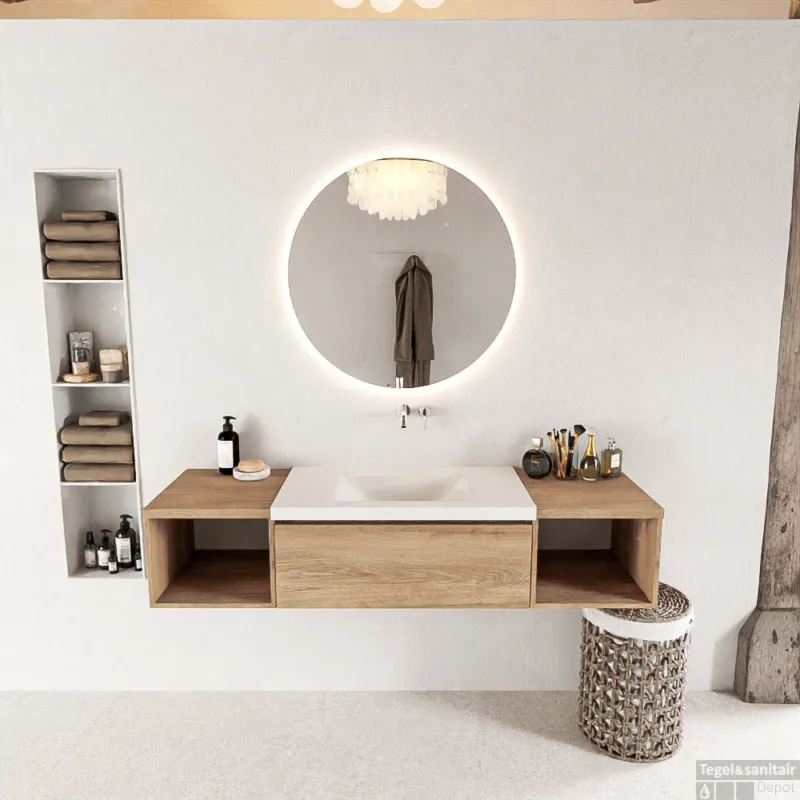 MONDIAZ BUKLA 160cm badmeubel met open module 40 L+R kleur Washed Oak met 2 lades. Wastafel CLOUD midden 0 kraangaten kleur Talc. Express Levering