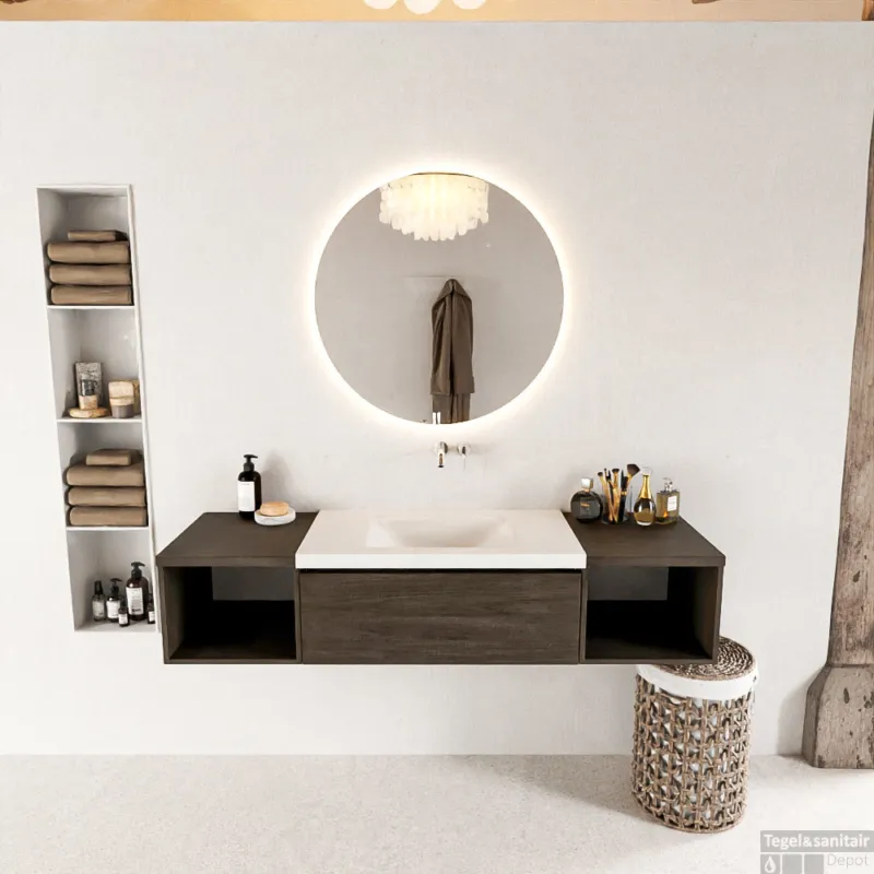 MONDIAZ BUKLA 160cm badmeubel met open module 40 L+R kleur Dark Brown met 2 lades. Wastafel CLOUD midden 0 kraangaten kleur Talc. Gecertificeerd