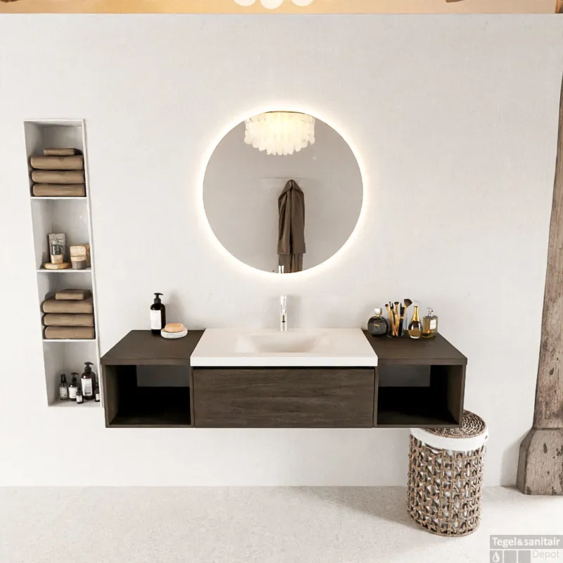 MONDIAZ BUKLA 160cm badmeubel met open module 40 L+R kleur Dark Brown met 2 lades. Wastafel CLOUD midden 1 kraangat kleur Talc. Bestseller