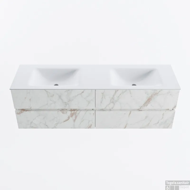 Direct Verzonden MONDIAZ VICA 160cm badmeubel onderkast Carrara 4 lades. Wastafel CLOUD dubbel 2 kraangaten, kleur Talc.