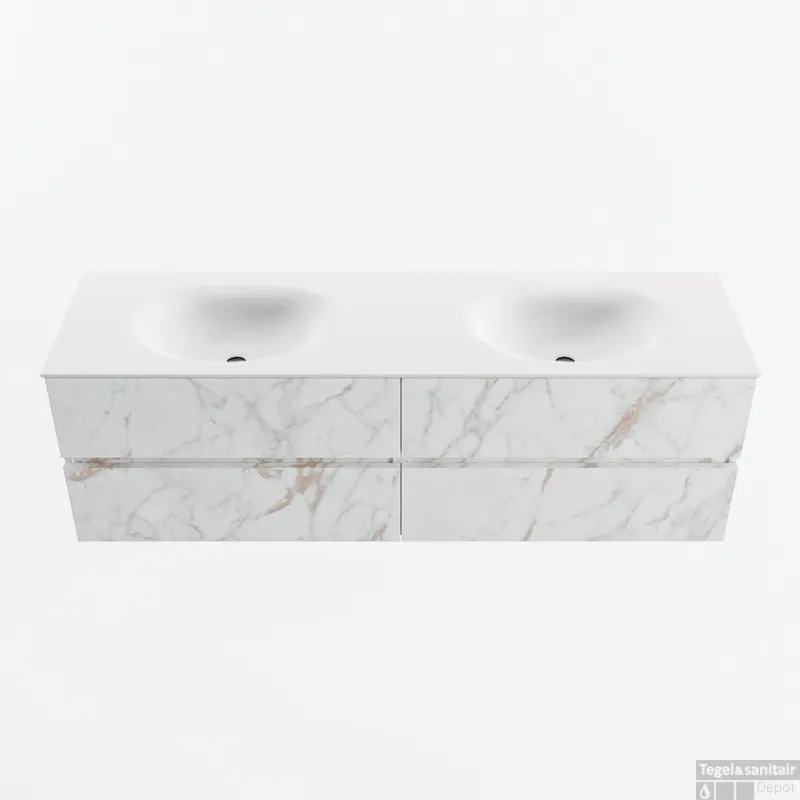 Gecertificeerd MONDIAZ VICA 160cm badmeubel onderkast Carrara 4 lades. Wastafel MOON dubbel zonder kraangat, kleur Talc.
