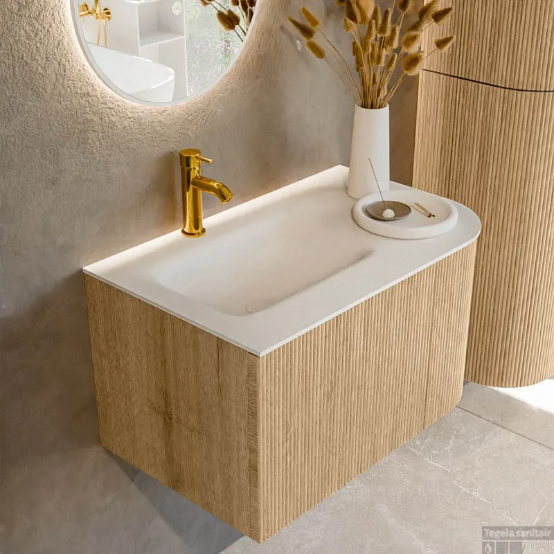 Mondiaz KURVE 75 cm Onderkast Greeploos 1 Lade Met Deuren Oak, Wastafel Solid Surface Links Talc 1 Kraangat Zonder Spiegel (KRVGRU75R1L1D1KL-Oak/Tal) Betrouwbaar
