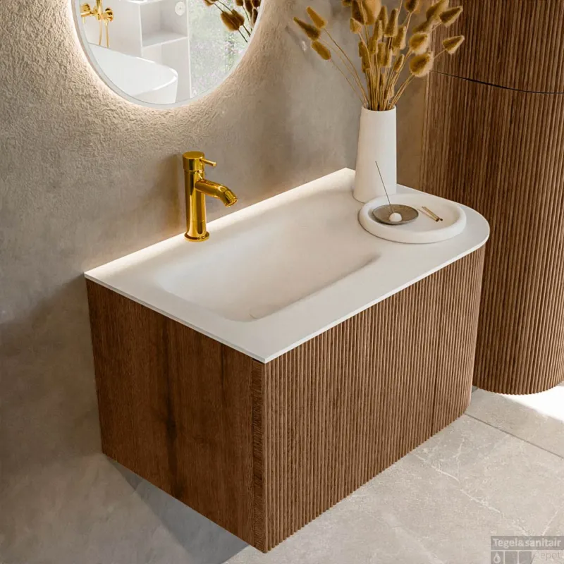 Mondiaz KURVE 75 cm Onderkast Greeploos 1 Lade Met Deuren Walnut, Wastafel Solid Surface Links Talc 1 Kraangat Zonder Spiegel (KRVGRU75R1L1D1KL-Wal/Tal) Meest Verkocht
