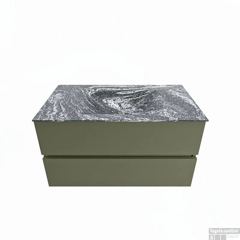 Exclusieve Aanbieding MONDIAZ VICA-DLUX 90cm badmeubel onderkast Army 2 lades. Inbouw wastafel CLOUD midden zonder kraangat, kleur Lava.
