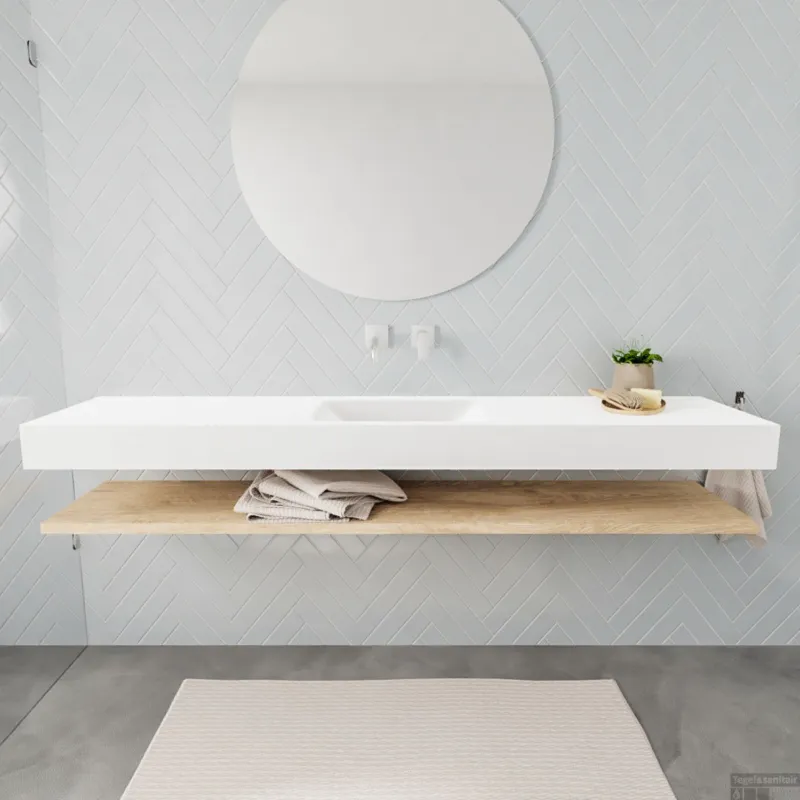 Badkamermeubel BWS Ibiza 200 cm met Washed Oak Planchet Solid Surface Wastafel Mat Wit (acht varianten) Aanbieding