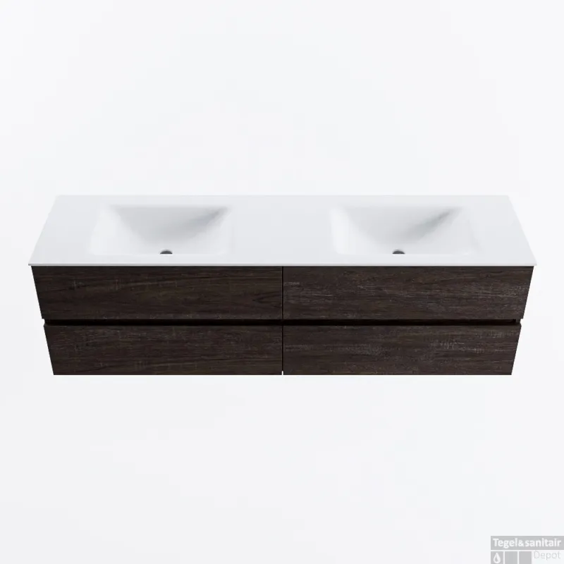 Snelle Levering MONDIAZ VICA 170cm badmeubel onderkast Dark Brown 4 lades. Wastafel CLOUD dubbel zonder kraangat, kleur Talc.
