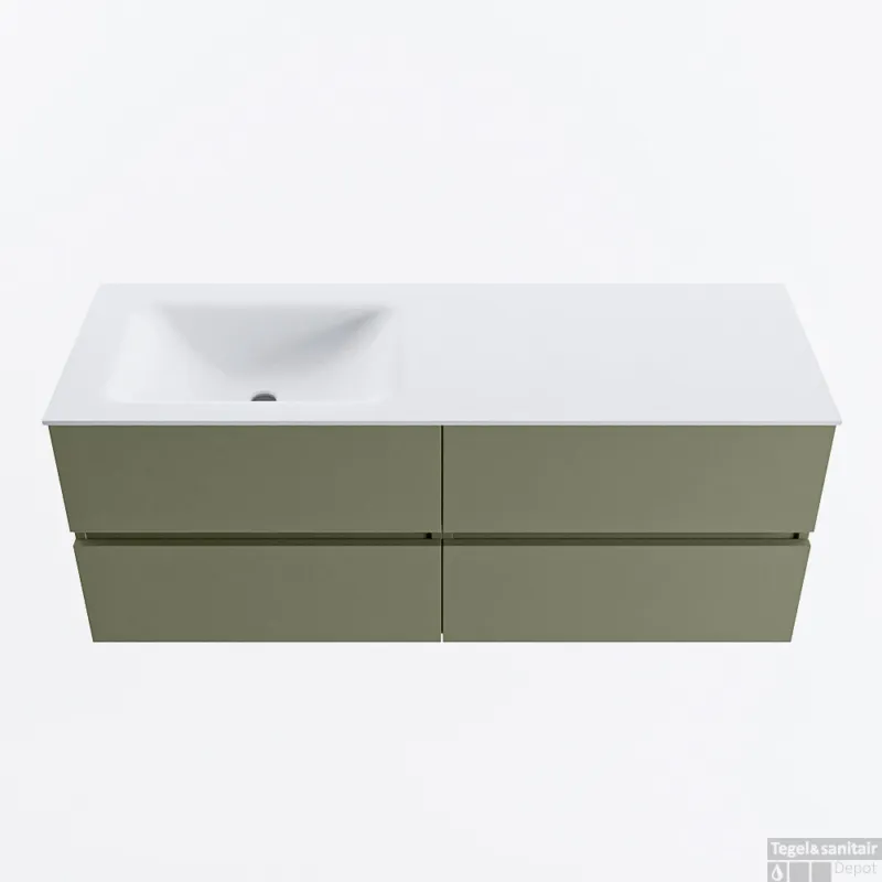 Direct Verzonden MONDIAZ VICA 130cm badmeubel onderkast Army 4 lades. Wastafel CLOUD links 1 kraangat, kleur Talc.