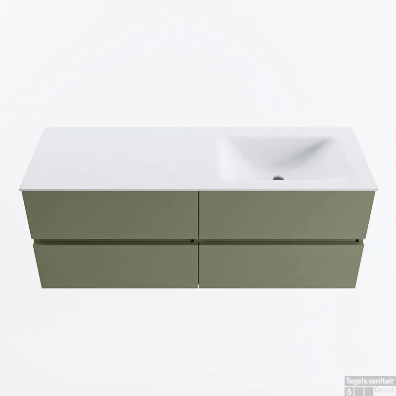 Uitverkoop MONDIAZ VICA 130cm badmeubel onderkast Army 4 lades. Wastafel CLOUD rechts 1 kraangat, kleur Talc.
