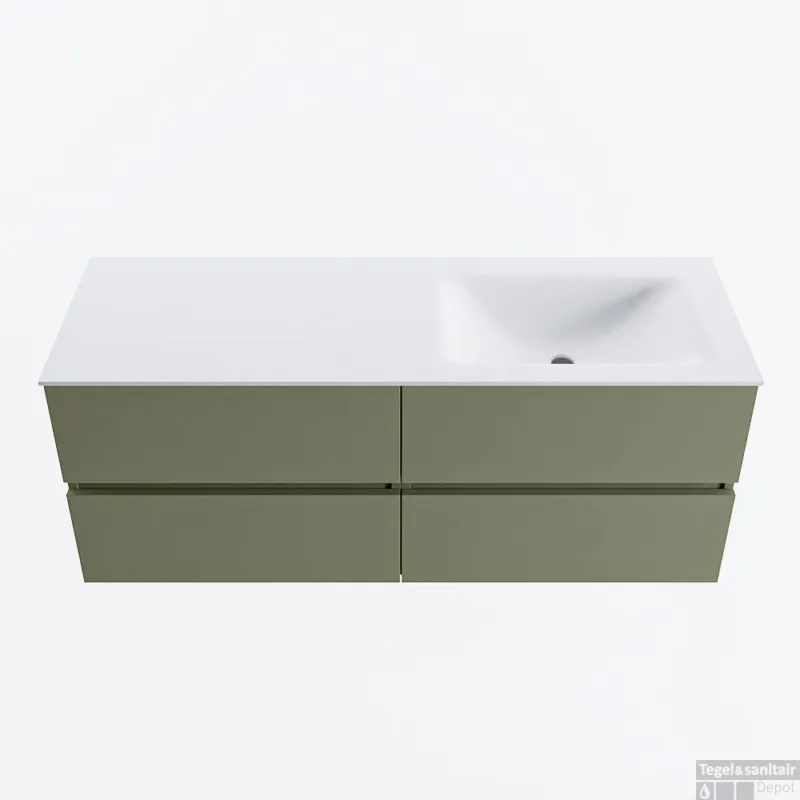 Bestel Nu MONDIAZ VICA 130cm badmeubel onderkast Army 4 lades. Wastafel CLOUD rechts zonder kraangat, kleur Talc.