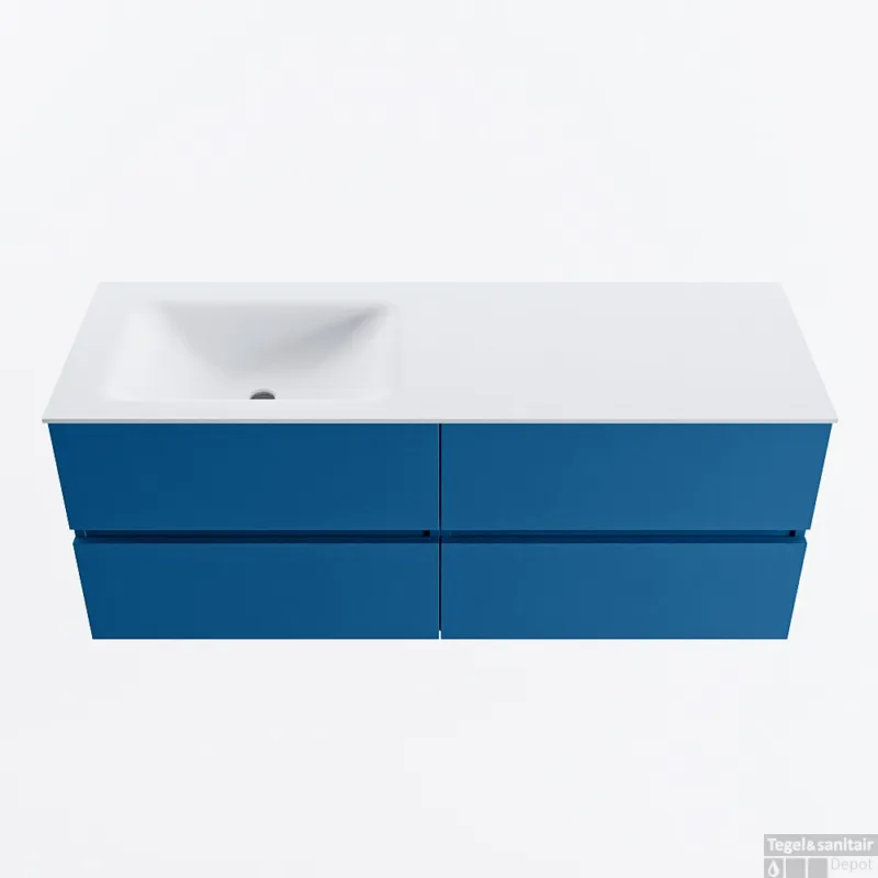 Gecertificeerd MONDIAZ VICA 130cm badmeubel onderkast Jeans 4 lades. Wastafel CLOUD links zonder kraangat, kleur Talc.