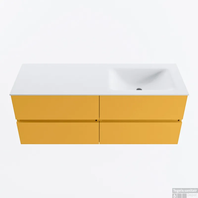 Betaalbaar MONDIAZ VICA 130cm badmeubel onderkast Ocher 4 lades. Wastafel CLOUD rechts 1 kraangat, kleur Talc.