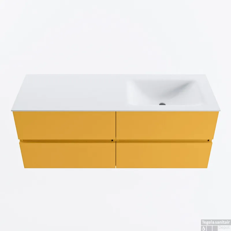 Lage Prijs MONDIAZ VICA 130cm badmeubel onderkast Ocher 4 lades. Wastafel CLOUD rechts zonder kraangat, kleur Talc.
